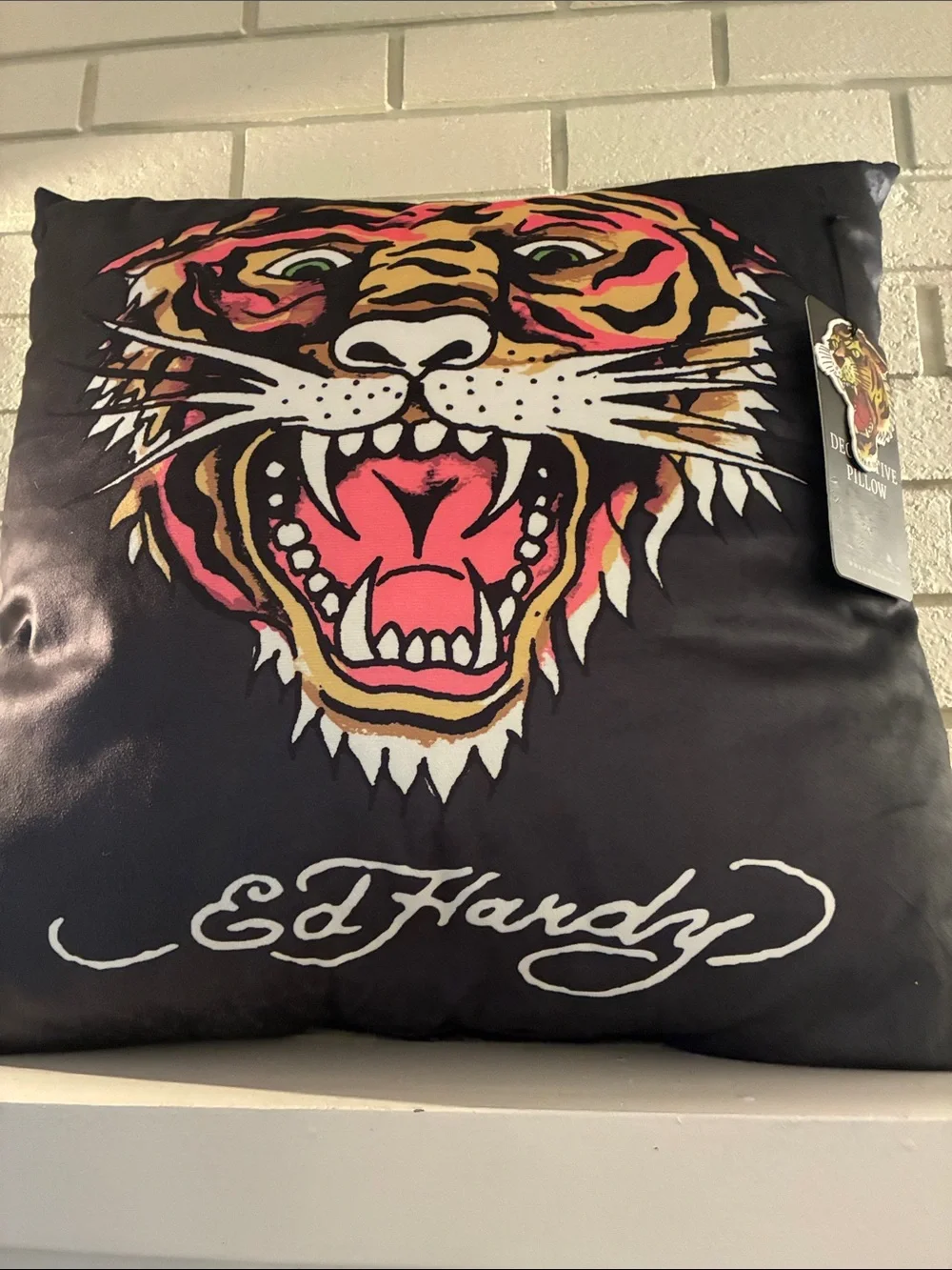 Ed Hardy Black Pillow with Colorful Roaring Tiger